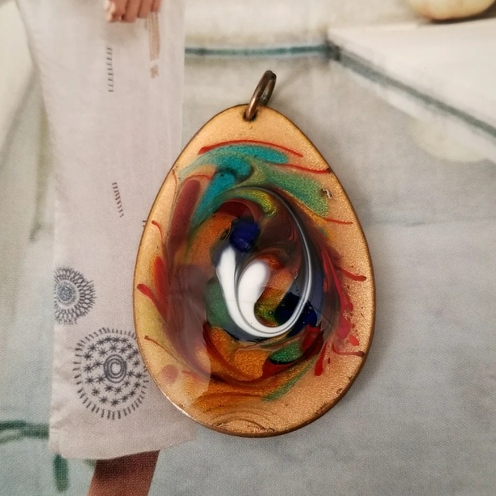Vintage enamel copper pendant swirl teardrop